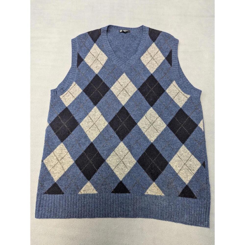 J Crew Sweater Vest Mens L Blue Argyle Lambs Wool V Neck Knit Pullover Preppy